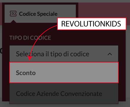 Introducerea codului revolutionkids în câmpul Sconto